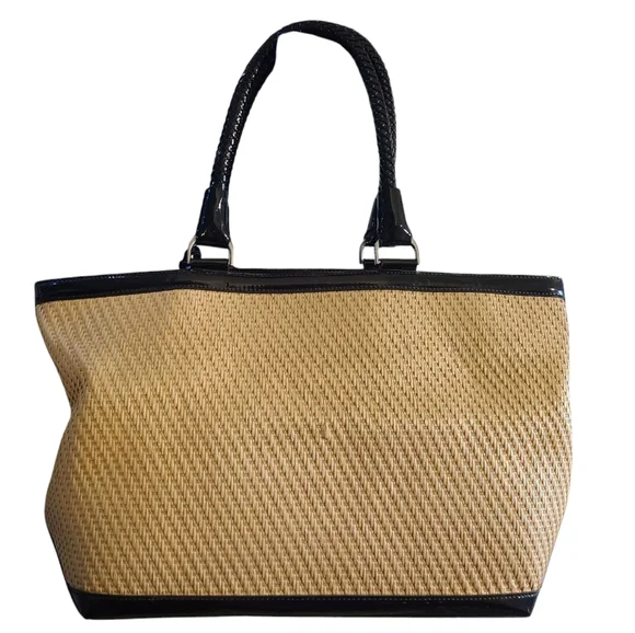 COLE HAAN Straw Handbag Patent Leather Trim